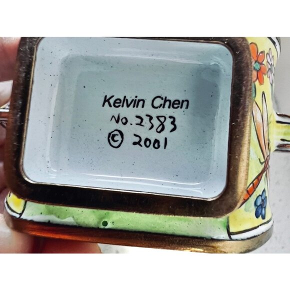 Signed Kelvin Chen Cloisonné Enamel Mini Teapot Butterfly & Dragonfly Design COA - Picture 7 of 11